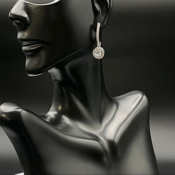 925 Sterling Silver‎ Diamond Halo Dangle Earrings - Picture 3 of 12